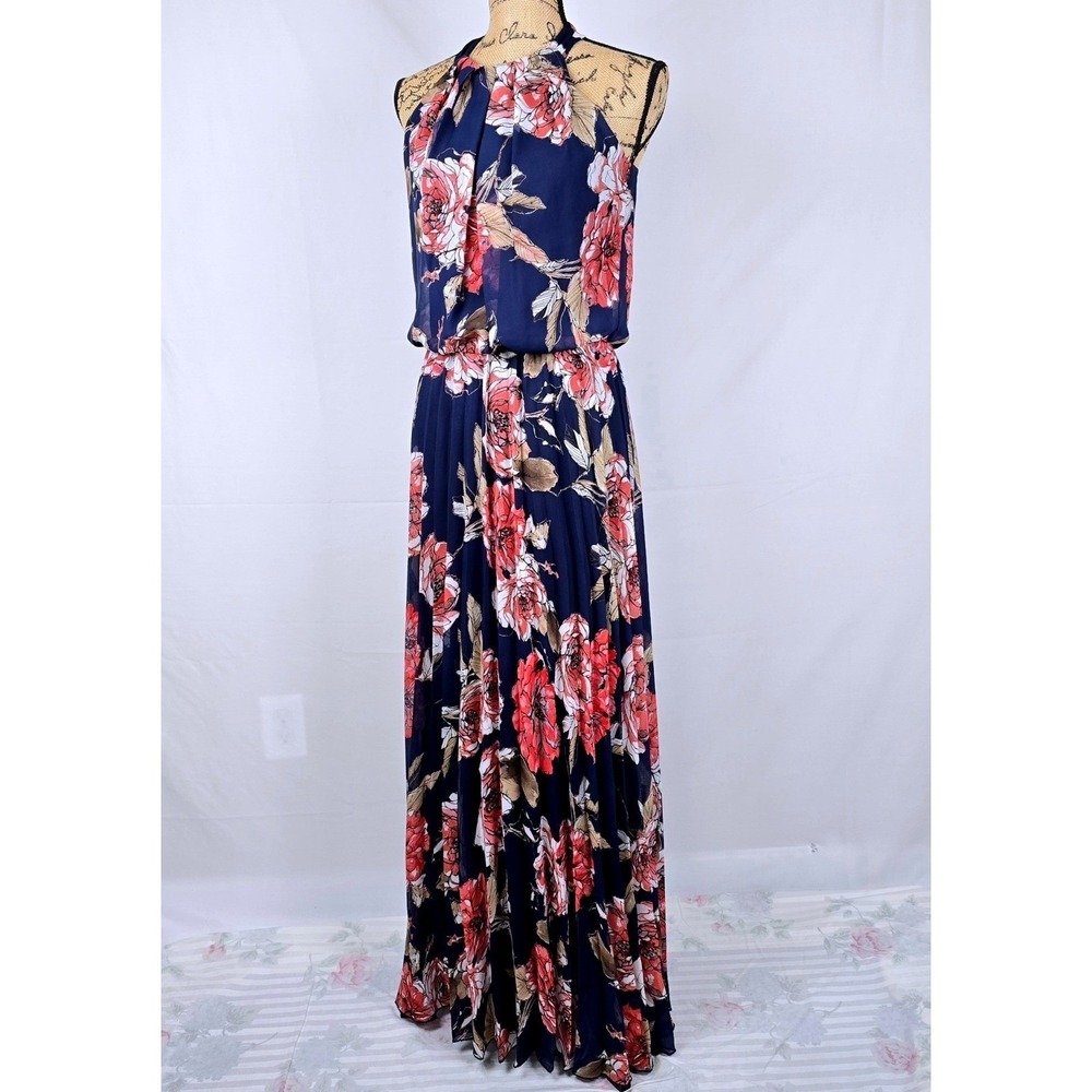 Sexy Bisou Bisou Navy Blue Floral Pleated Halter Maxi Flowy Size 4 Summer Dress